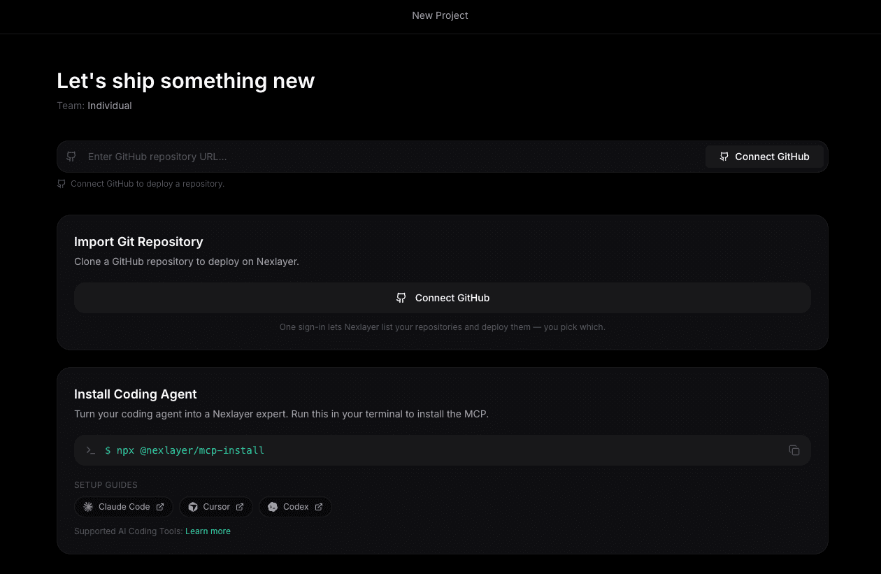 The New Project page showing the repository URL field and the Connect GitHub options under Import Git Repository