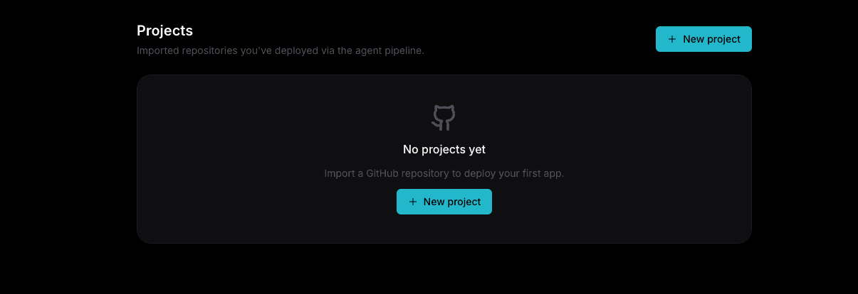 The Projects page with the New project button